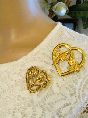 VINTAGE Gold Heart Brooch Lot: Gold Plate Rhinestone Seed Pearl Pins